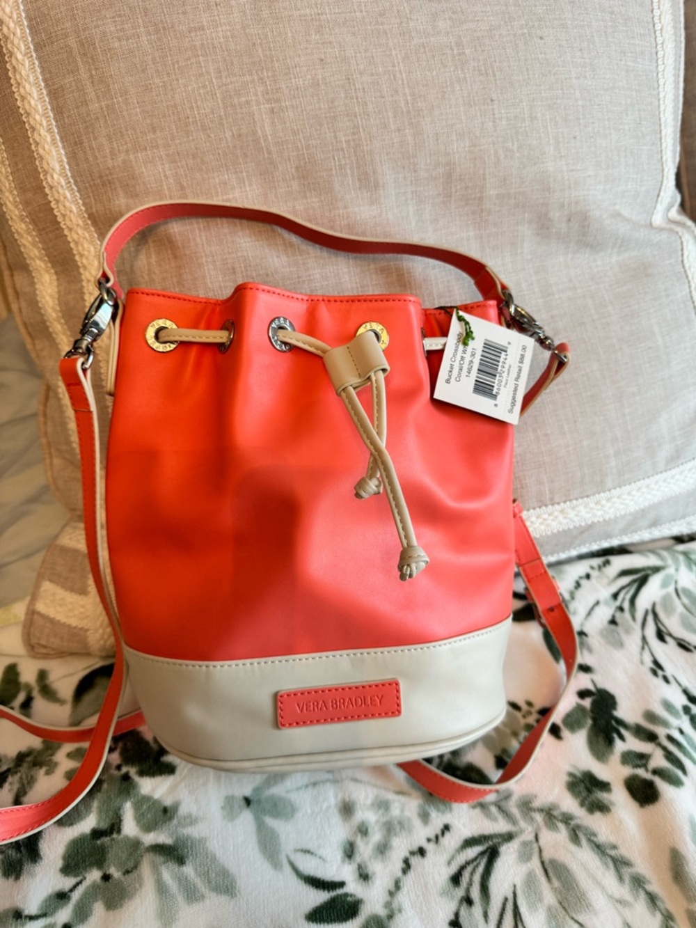 Vera Bradley Coral and Cream Drawstring Bucket Crossbody NWT